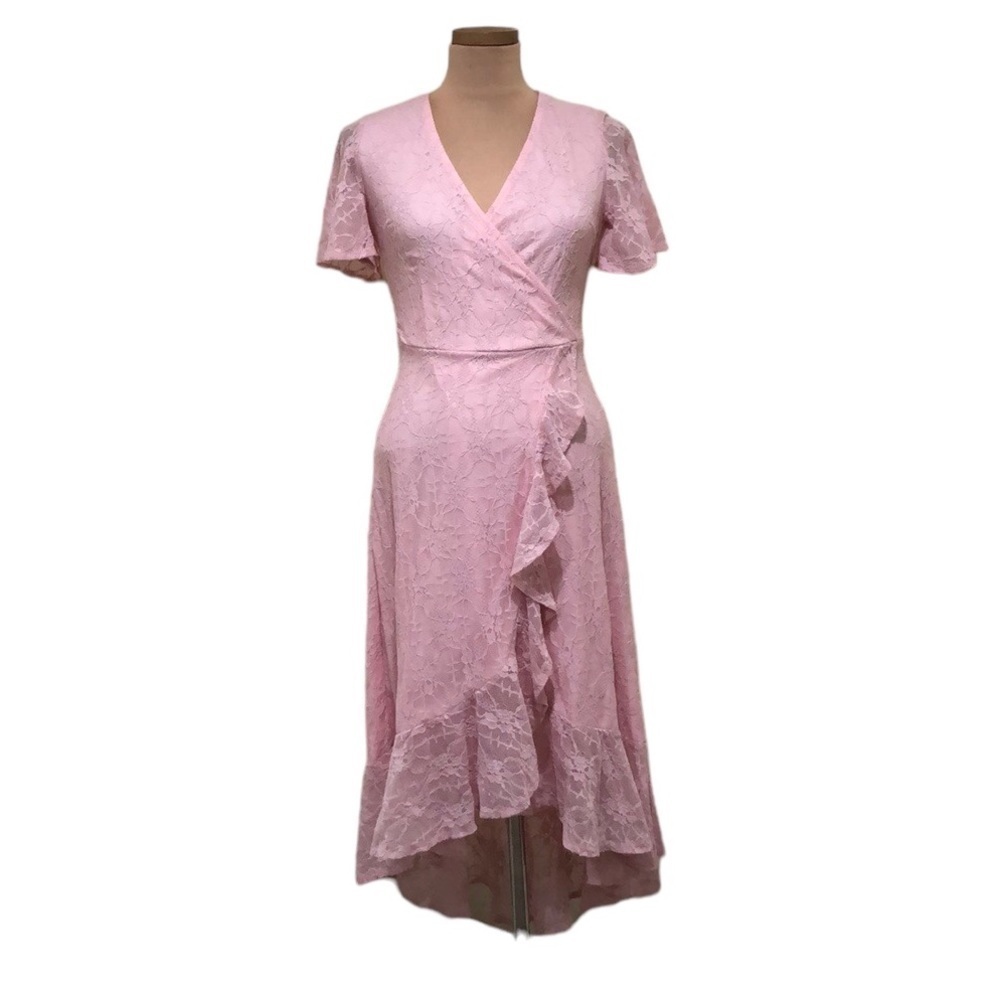 Francesca’s Collection Midi Dress Size Small Pink Floral Lace High Low Hem
